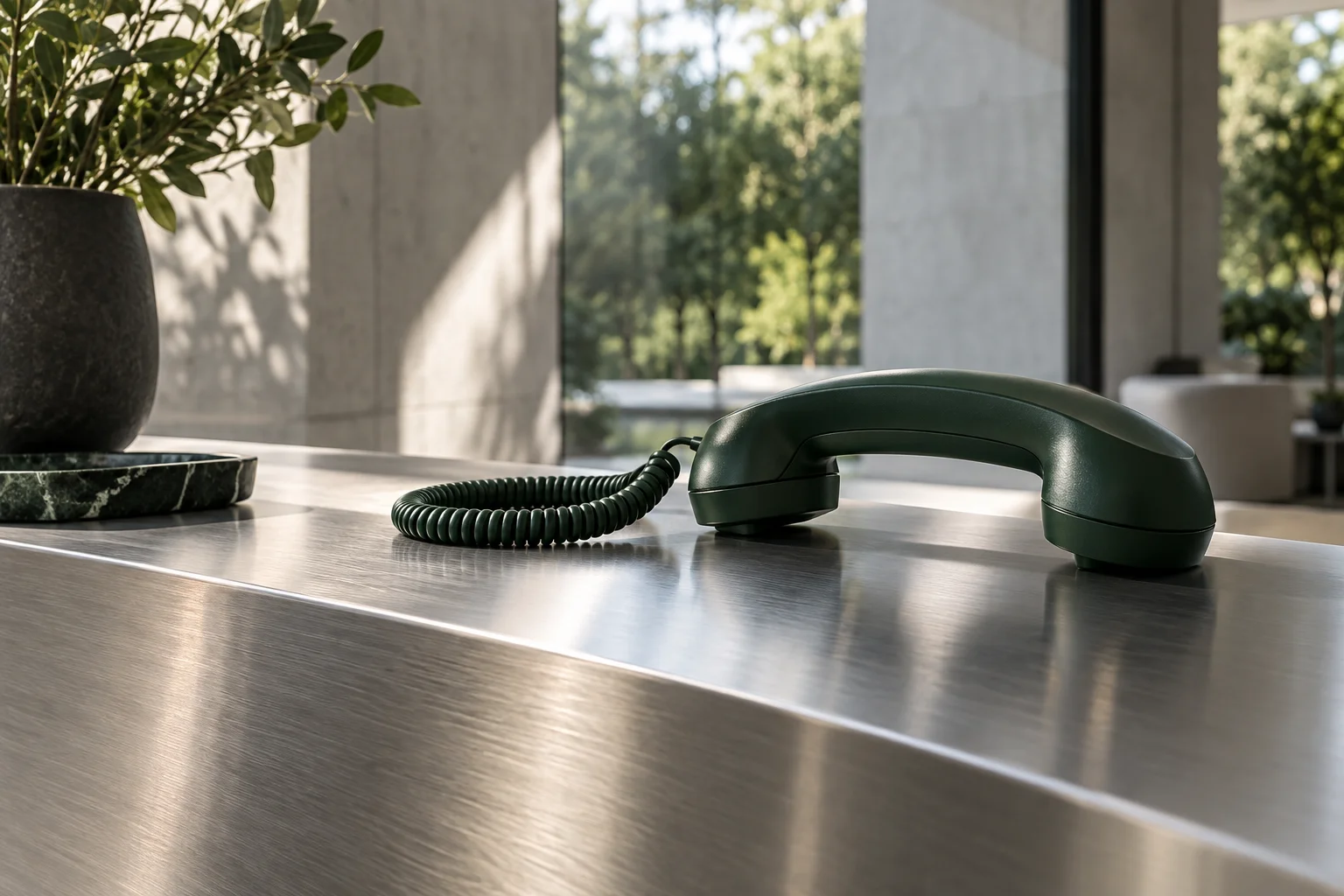 A sculptural green telephone on a sunlit steel reception desk
